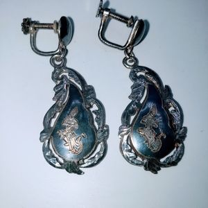Vintage Pair of Siam Nielloware Sterling Silver Dangle Screw Backs Earrings